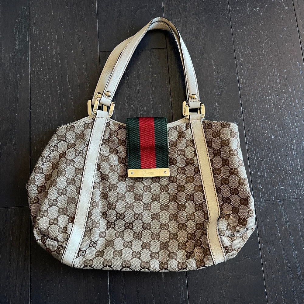 Gucci GG monogram Canvas leather Web beige/cream hobo Tote Bag classic